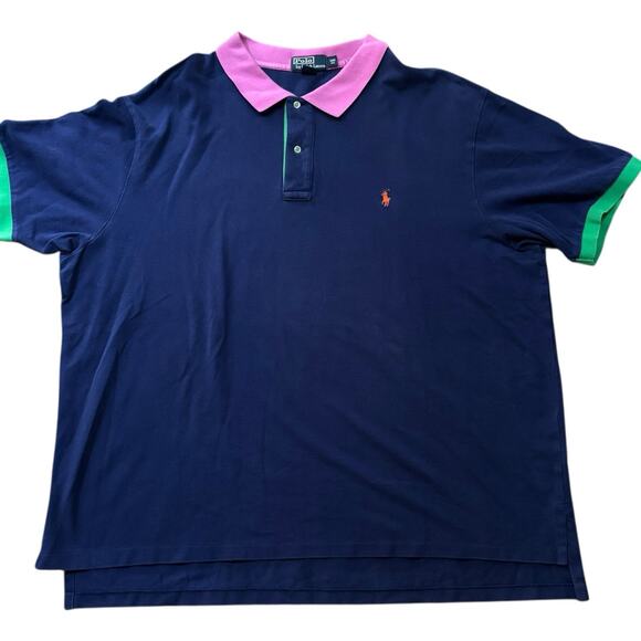 Vintage Polo Ralph Lauren 3XB Blue Polo Pink Collar Green Placket Sleeve Trim - Picture 1 of 8